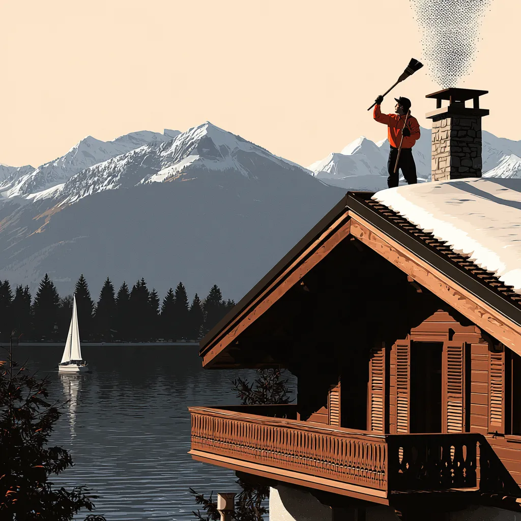 Illustration ERM Chauffage en Haute-Savoie : un chalet au toit enneigé, un lac avec un voilier et des sapins, un ramoneur sur le toit