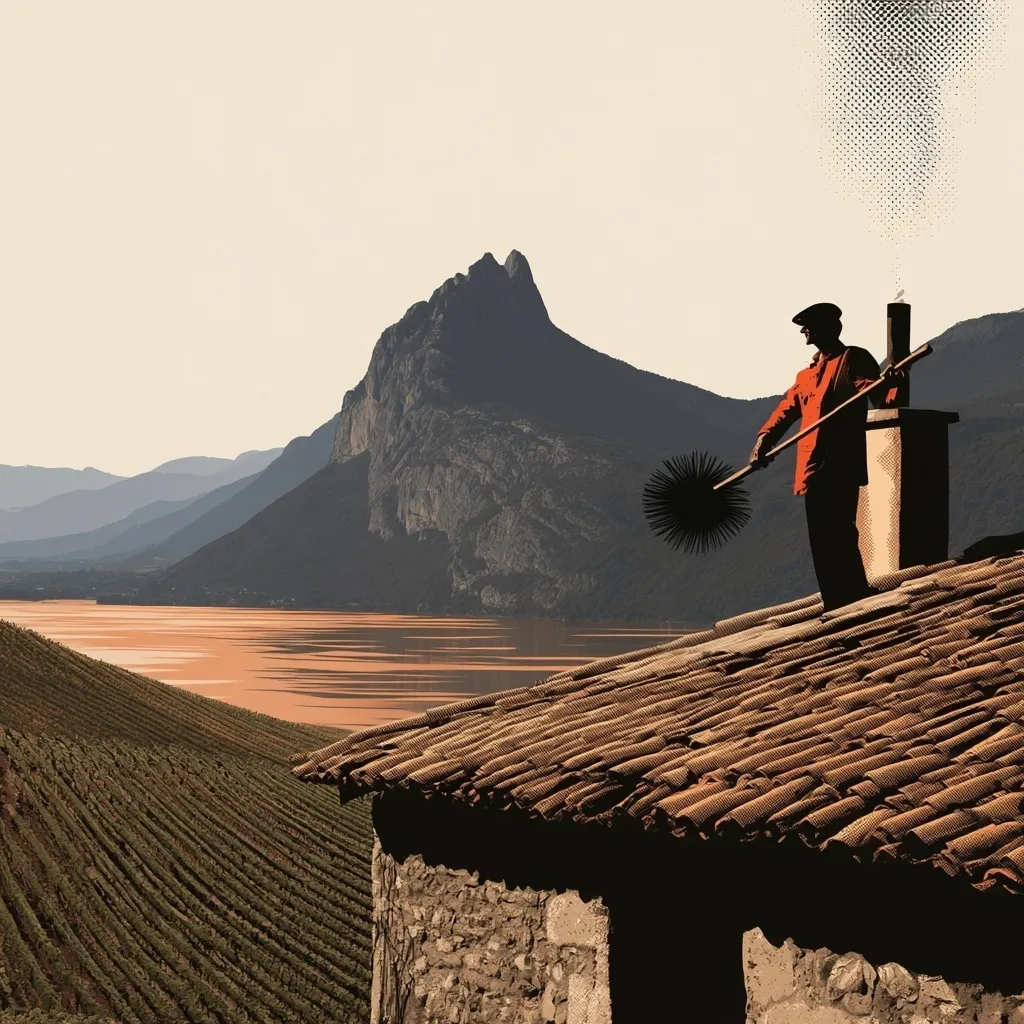 Illustration ERM Chauffage en Savoie : la Dent du Chat, le lac du Bourget et des vignes, un ramoneur sur un toit